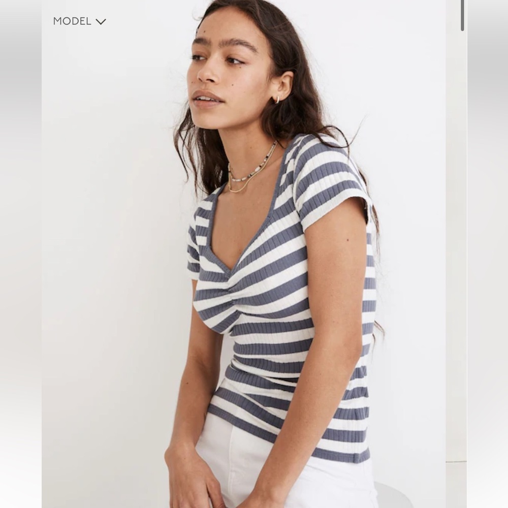 Madewell Ribbed Sweetheart Tee in Stripe Sunfaded Indigo